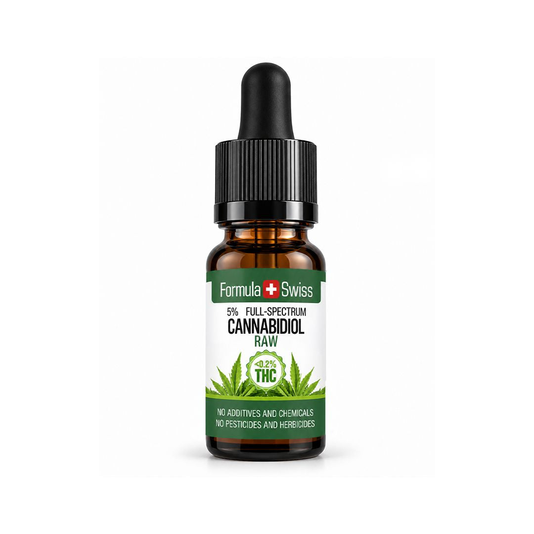 Φιαλίδιο 10 ml με σταγονόμετρο: RAW έλαιο CBD της Formula Swiss, 5% CBD πλήρους φάσματος, ετικέτα με φύλλο κάνναβης
