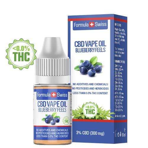 Υγρό αναπλήρωσης CBD Blueberry Feels της Formula Swiss, 3% CBD (300 mg), φιαλίδιο 10 ml και κουτί